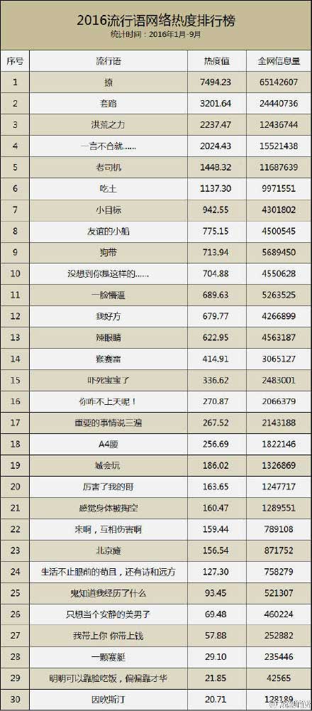 2016年流行语网络热度排行榜